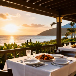 Caribbean Holidays, USVI February Holidays, Outdoor Caribbean restaurant serving fresh seafood at sunset with a relaxed adults-only holiday atmosphere