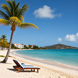 Caribbean Holidays, USVI February Holidays, Peaceful adults-only beach with sun loungers, palms and clear blue water on St Thomas, US Virgin Islands