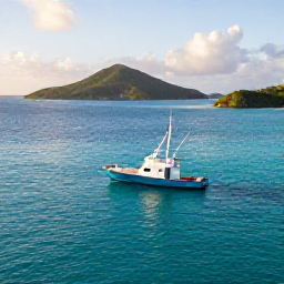 Caribbean Holidays, USVI Fishing April, A sport fishing boat cruising over clear turquoise water near the United States Virgin Islands at sunrise, with green islands in the distance