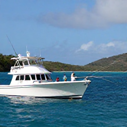 Caribbean Holidays, USVI Fishing April, Anglers casting lines from a modern charter boat in deep blue Caribbean water, with fishing rods, tackle and the Virgin Islands coastline behind them