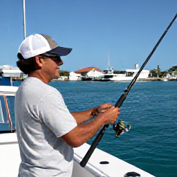 Caribbean Holidays, USVI Fishing April, Friendly local fishing guide helping holidaymakers prepare rods and reels on a charter boat in a Caribbean marina
