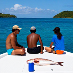 Caribbean Holidays, USVI Fishing April, Holidaymakers relaxing beside a freshly caught fish on a charter boat, with bright Caribbean sunshine and calm sea around the United States Virgin Islands