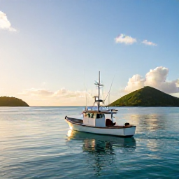 Caribbean Holidays, USVI Fishing February, A small fishing boat leaving a sunny Caribbean harbour in the United States Virgin Islands at dawn, calm turquoise water and distant green islands