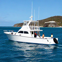 Caribbean Holidays, USVI Fishing February, Anglers on a modern charter boat reeling in a large game fish offshore near St Thomas, bright blue sea and rugged Caribbean coastline