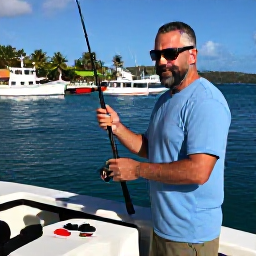 Caribbean Holidays, USVI Fishing February, Friendly fishing guide preparing rods and bait on a shaded boat in a Caribbean marina, colourful boats and palm trees in the background