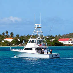 Caribbean Holidays, USVI Fishing June, A charter fishing boat travelling across clear blue water off St Thomas, with anglers preparing rods and tropical islands behind them