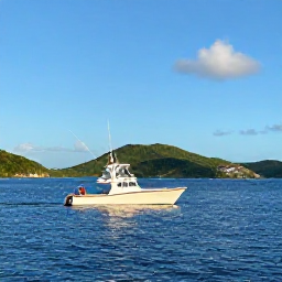 Caribbean Holidays, USVI Fishing June, A sunny June morning on a calm Caribbean sea near St Thomas, with a small sport fishing boat and green island hills in the distance