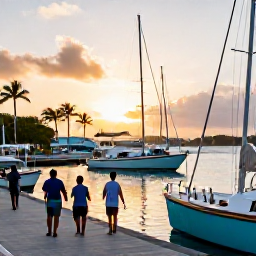 Caribbean Holidays, USVI Fishing June, Anglers returning to a colourful marina in St Thomas at sunset, with palm trees, boats and calm Caribbean water