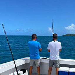 Caribbean Holidays, USVI Fishing June, Friendly anglers enjoying a deep-sea fishing trip near the US Virgin Islands, with fishing rods, cool boxes and a bright tropical horizon