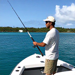 Caribbean Holidays, USVI Fishing May, A friendly local fishing guide preparing rods and tackle on a shaded boat in a calm bay near St Croix