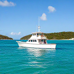 Caribbean Holidays, USVI Fishing May, A sport fishing boat cruising over clear turquoise water near St Thomas in the United States Virgin Islands on a bright May morning