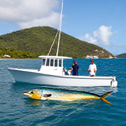 Caribbean Holidays, USVI Fishing May, Anglers bringing in a colourful mahi-mahi beside a fishing charter boat off the coast of St Thomas, with green hills in the distance