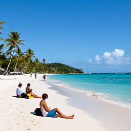 Caribbean Holidays, USVI Fishing May, Travellers relaxing on a white sandy beach after a morning fishing trip, with turquoise Caribbean sea and palm trees in the United States Virgin Islands