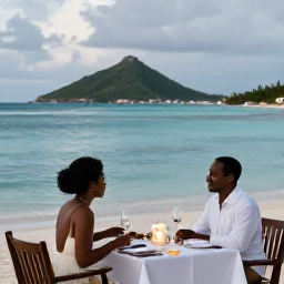 Caribbean Holidays, USVI Honeymoons, Elegant beachfront dinner for two with candles and tropical scenery in the United States Virgin Islands