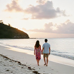 Caribbean Holidays, USVI Honeymoons, Newlywed couple walking hand in hand along a quiet white-sand beach in the United States Virgin Islands at sunset