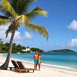 Caribbean Holidays, USVI Honeymoons, Romantic beach with turquoise water, palm trees and two sun loungers on St Thomas in the United States Virgin Islands