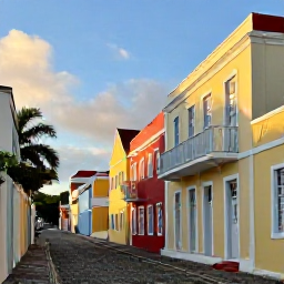 Caribbean Holidays, USVI Instagram Hotspots, Colourful historic buildings and cobbled streets in Charlotte Amalie, Saint Thomas, United States Virgin Islands, in warm afternoon light