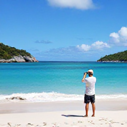 Caribbean Holidays, USVI Instagram Hotspots, Turquoise sea and white sand at Magens Bay Beach on Saint Thomas, United States Virgin Islands, with a traveller taking a scenic photograph