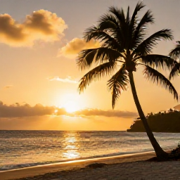 Caribbean Holidays, USVI Instagram Spots, Golden sunset over the Caribbean Sea from a quiet beach in the United States Virgin Islands, with silhouetted palm trees and soft evening light