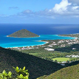 Caribbean Holidays, USVI Instagram Spots, Panoramic view from Mountain Top over Saint Thomas, Caribbean islands, deep blue sea and tropical green landscape
