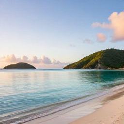Caribbean Holidays, USVI Instagram Spots, Sunrise over Magens Bay in Saint Thomas, calm turquoise water, green hills and a quiet sandy beach