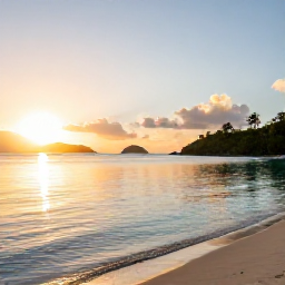 Caribbean Holidays, USVI Instagram Spots, Sunrise over Magens Bay in Saint Thomas, United States Virgin Islands, with calm turquoise water, golden light and a sandy beach