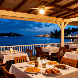 Caribbean Holidays, USVI January Breaks, Outdoor Caribbean restaurant in Charlotte Amalie at dusk, with tables, local seafood dishes and warm lights overlooking the harbour