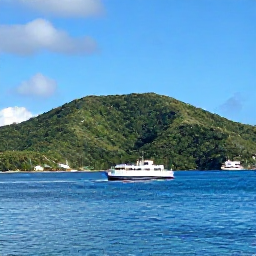 Caribbean Holidays, USVI January Breaks, Small inter-island ferry crossing calm blue Caribbean water between St Thomas and St John, with green hills in the background