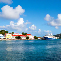 Caribbean Holidays, USVI January Breaks, Sunny waterfront view of Charlotte Amalie, St Thomas, with colourful buildings, harbour and Caribbean cruise ships in January