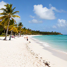 Caribbean Holidays, USVI January Breaks, White sandy beach and calm turquoise sea at Magens Bay, St Thomas, with palm trees and visitors enjoying a January day