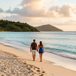 Caribbean Holidays, USVI Luxury February, Couple walking on a quiet Caribbean beach in the US Virgin Islands during February, golden sand, turquoise water and warm evening light