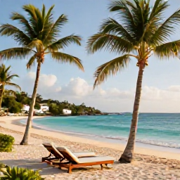 Caribbean Holidays, USVI Luxury February, Elegant beachfront resort on St Thomas in February, turquoise Caribbean sea, palm trees, private loungers and warm morning sunlight