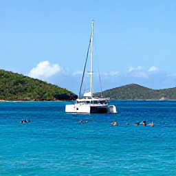 Caribbean Holidays, USVI Luxury February, Luxury catamaran sailing between the US Virgin Islands in February, snorkellers, bright blue water, green islands and a calm Caribbean sky