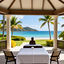 Caribbean Holidays, USVI Luxury February, Peaceful luxury spa treatment at a tropical resort in the US Virgin Islands, open-air pavilion, palms and ocean view