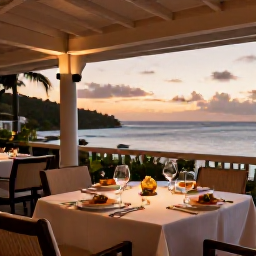 Caribbean Holidays, USVI Luxury February, Sophisticated open-air restaurant in St Thomas at sunset, elegant table setting, Caribbean food, sea view and soft evening light