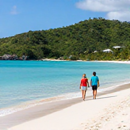Caribbean Holidays, USVI Luxury Holidays, Couple walking along a quiet white-sand beach on St John, United States Virgin Islands, May sunshine, calm turquoise water and lush green hills