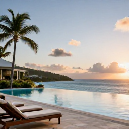 Caribbean Holidays, USVI Luxury Holidays, Elegant hotel terrace overlooking Magens Bay, St Thomas, with infinity pool, palm trees and sunset light