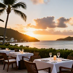 Caribbean Holidays, USVI Luxury Holidays, Elegant luxury hotel terrace overlooking Charlotte Amalie harbour on St Thomas, United States Virgin Islands, tropical sunset and sophisticated outdoor dining