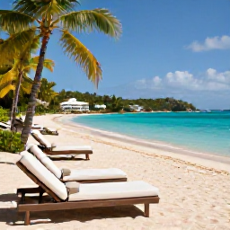 Caribbean Holidays, USVI Luxury Holidays, Luxury beachfront resort on St Thomas in the United States Virgin Islands, bright May sunshine, turquoise Caribbean water, elegant loungers and palm trees