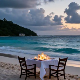 Caribbean Holidays, USVI Luxury Holidays, Romantic beachfront dinner in the United States Virgin Islands, candlelit table, gentle waves and tropical evening sky