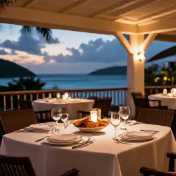 Caribbean Holidays, USVI Luxury Holidays, Sophisticated Caribbean restaurant in St Croix, United States Virgin Islands, fresh local seafood, elegant table setting and warm evening light