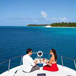 Caribbean Holidays, USVI Luxury July, Couple enjoying a private yacht cruise near the Virgin Islands, clear blue water, secluded beach and elegant onboard lunch