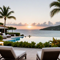 Caribbean Holidays, USVI Luxury July, Elegant luxury hotel terrace overlooking Magens Bay, St Thomas, with infinity pool, tropical gardens and sunset views