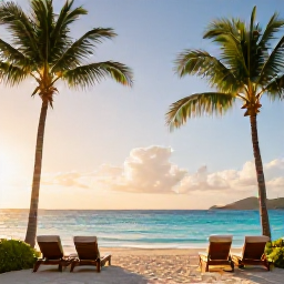 Caribbean Holidays, USVI Luxury July, Luxury beachfront resort on St Thomas in July, turquoise Caribbean sea, palm trees, elegant sun loungers and warm golden sunlight