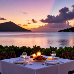 Caribbean Holidays, USVI Luxury July, Romantic fine dining restaurant beside the Caribbean sea in the US Virgin Islands, candlelit table, fresh seafood and sunset sky