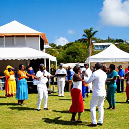 Caribbean Holidays, USVI March Holidays, Colourful cultural festival in Charlotte Amalie, St Thomas, with local musicians, dancers and visitors enjoying a sunny March afternoon