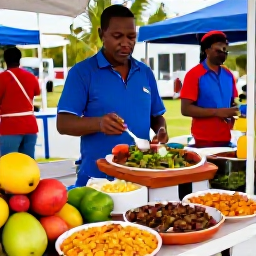 Caribbean Holidays, USVI March Holidays, Traditional Caribbean food stall at a March market on St Croix, with colourful local dishes, tropical fruit and friendly vendors