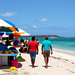 Caribbean Holidays, USVI March Holidays, Travellers walking through a sunny Caribbean market beside turquoise water on St John, United States Virgin Islands
