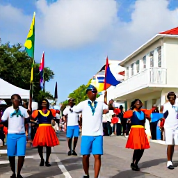 Caribbean Holidays, USVI May Holidays, Colourful Caribbean street festival in Charlotte Amalie, St Thomas, with dancers, local musicians and flags in warm May sunshine