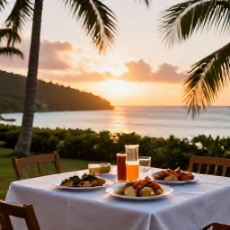 Caribbean Holidays, USVI Nature Holidays, A relaxed outdoor table overlooking a Caribbean bay at sunset on St Thomas, with fresh local food and palm trees